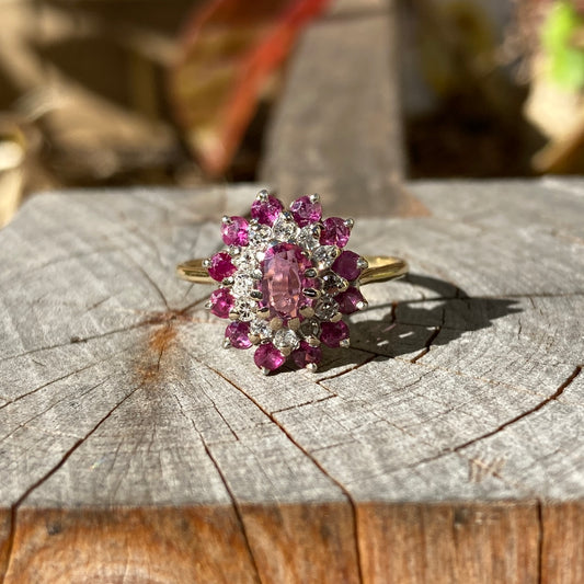 Vintage 18ct yellow gold natural ruby and diamond cluster ring