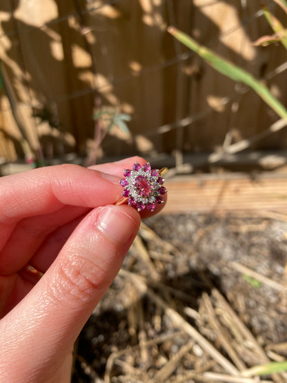 Vintage 18ct yellow gold natural ruby and diamond cluster ring