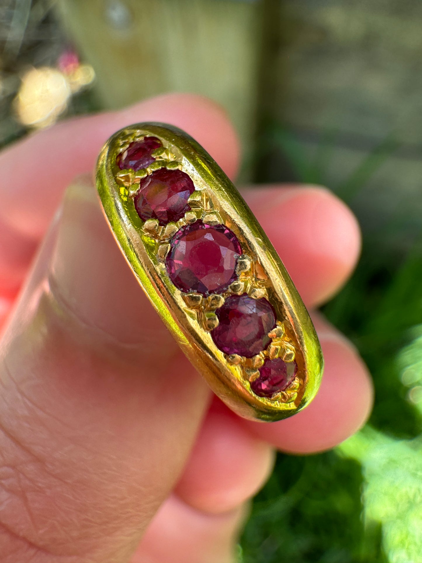 Vintage 18ct yellow gold five stone ruby boat ring