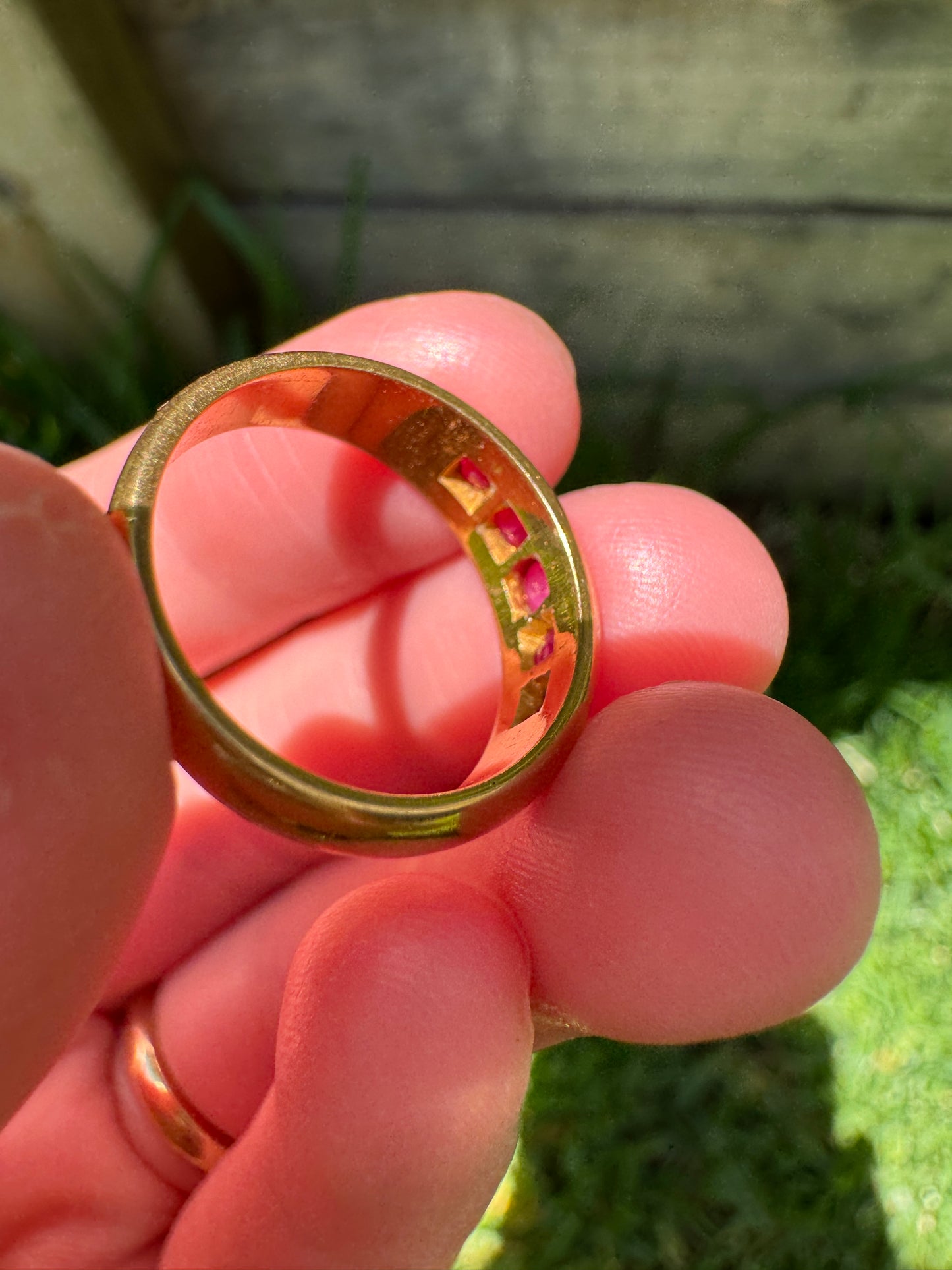 Vintage 18ct yellow gold five stone ruby boat ring