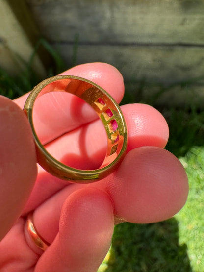 Vintage 18ct yellow gold five stone ruby boat ring