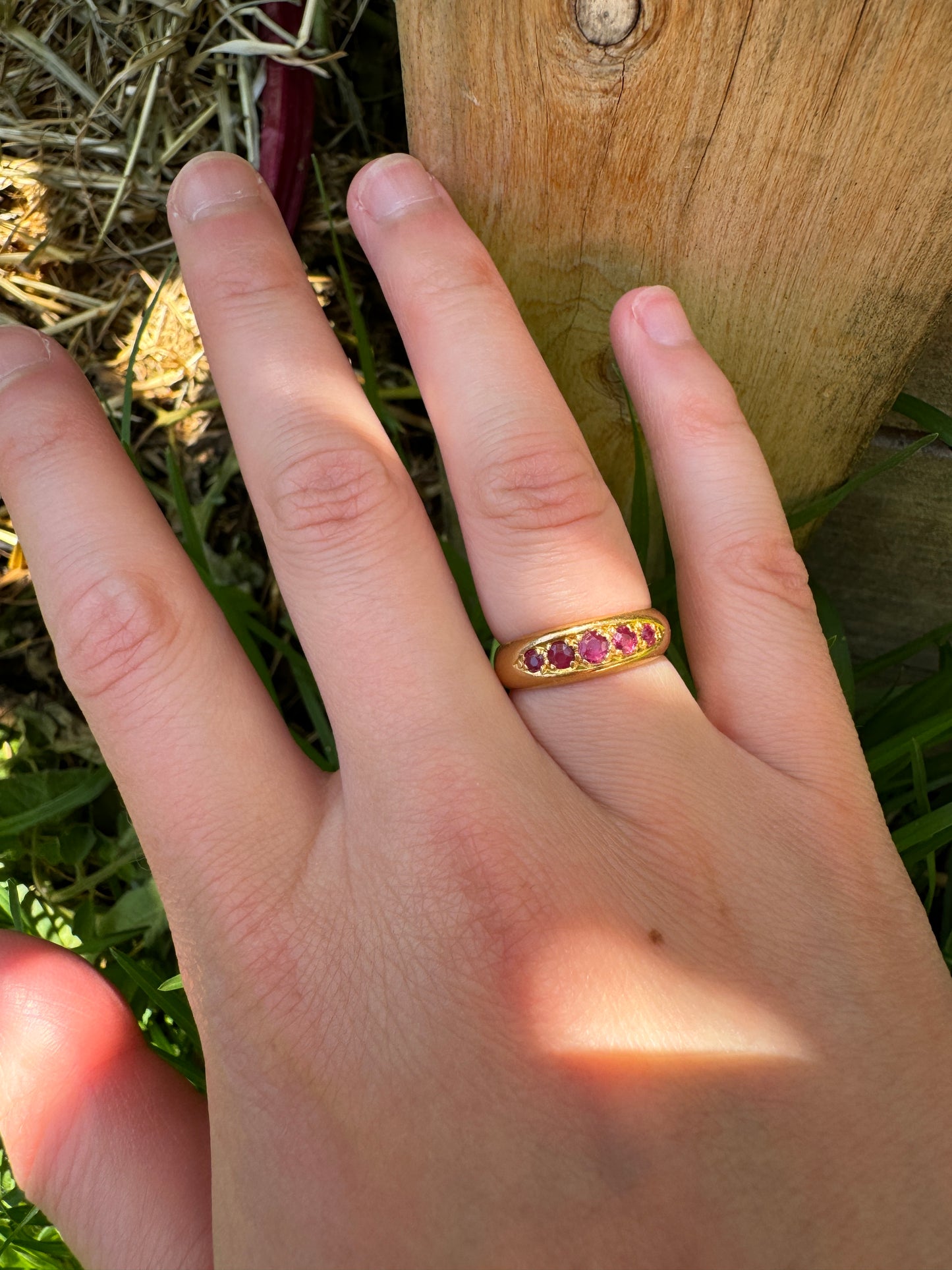 Vintage 18ct yellow gold five stone ruby boat ring