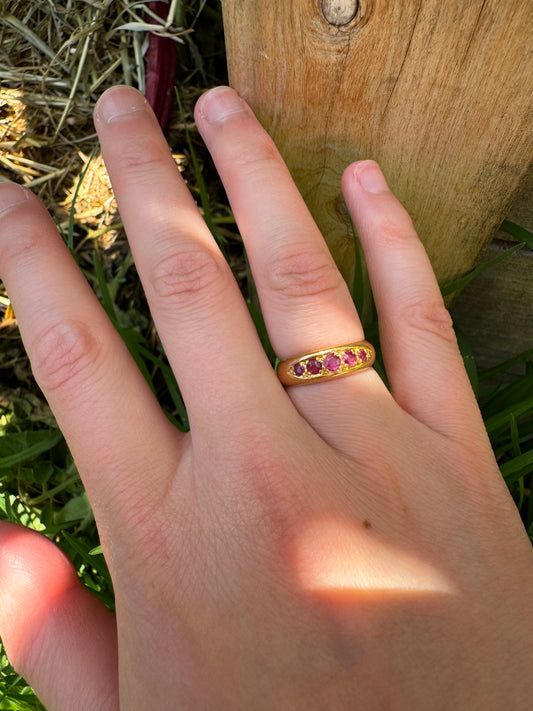 Vintage 18ct yellow gold five stone ruby boat ring