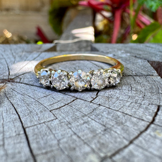 Vintage 18ct yellow gold five stone 0.75ct TCW old European cut diamond half hoop ring