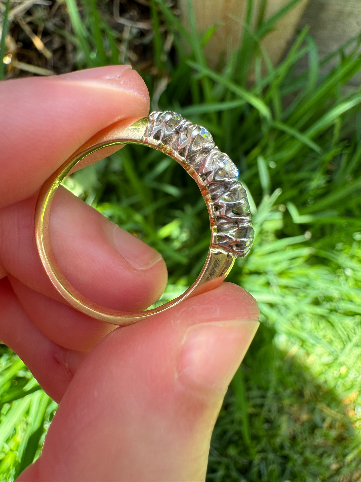 Vintage 18ct yellow gold five stone 0.75ct TCW old European cut diamond half hoop ring