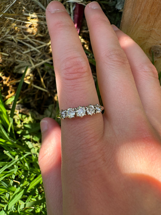 Vintage 18ct yellow gold five stone 0.75ct TCW old European cut diamond half hoop ring