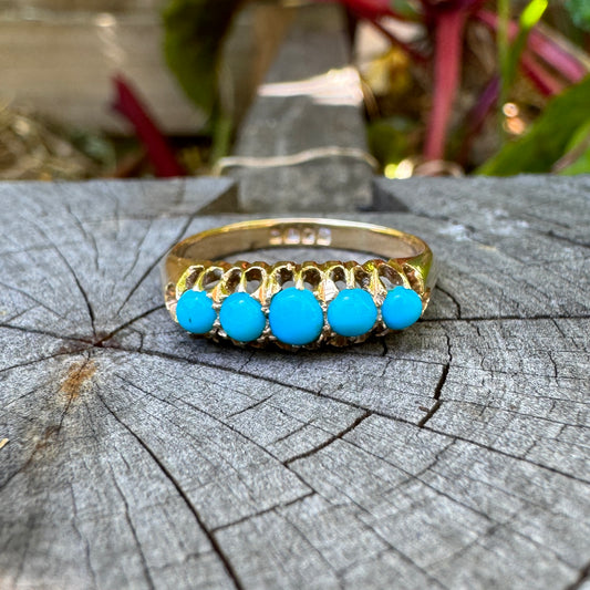 Vintage 18ct yellow gold five stone turquoise cabochon ring