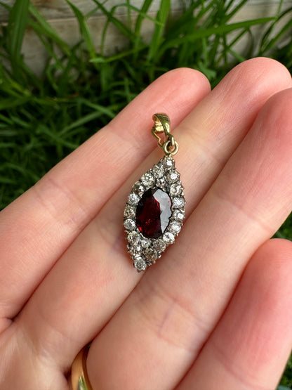 Vintage 9ct yellow gold oval garnet and old cut diamond pendant
