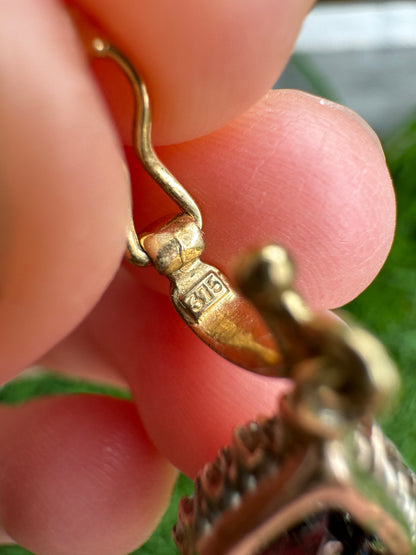 Vintage 9ct yellow gold oval garnet and old cut diamond pendant