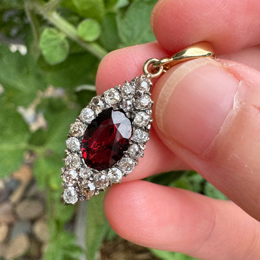 Vintage 9ct yellow gold oval garnet and old cut diamond pendant
