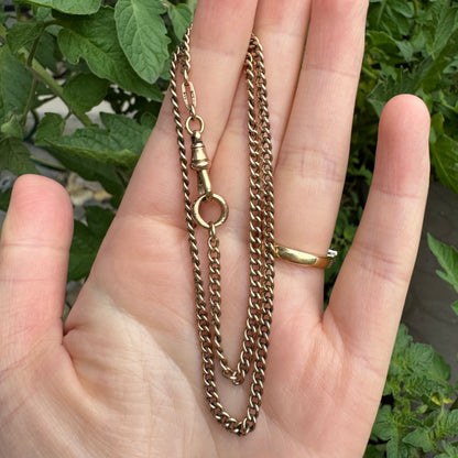 Vintage 9ct rosy yellow gold watch chain with dog clip, 36cm / 14.2 inches long