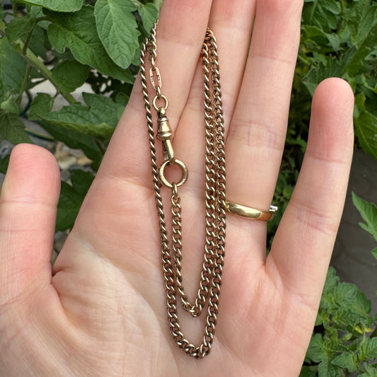 Vintage 9ct rosy yellow gold watch chain with dog clip, 36cm / 14.2 inches long