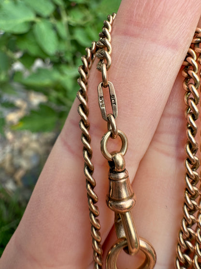 Vintage 9ct rosy yellow gold watch chain with dog clip, 36cm / 14.2 inches long