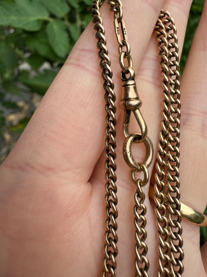 Vintage 9ct rosy yellow gold watch chain with dog clip, 36cm / 14.2 inches long