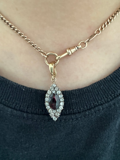Vintage 9ct yellow gold oval garnet and old cut diamond pendant