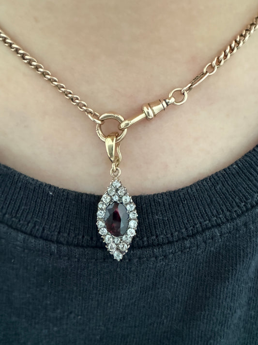 Vintage 9ct yellow gold oval garnet and old cut diamond pendant