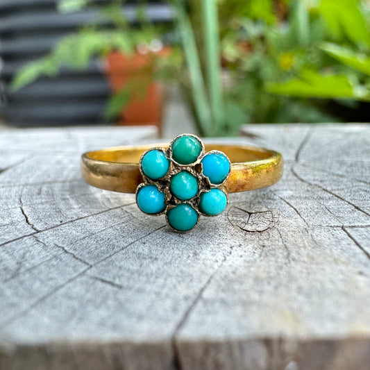 Vintage 18ct yellow gold turquoise daisy ring