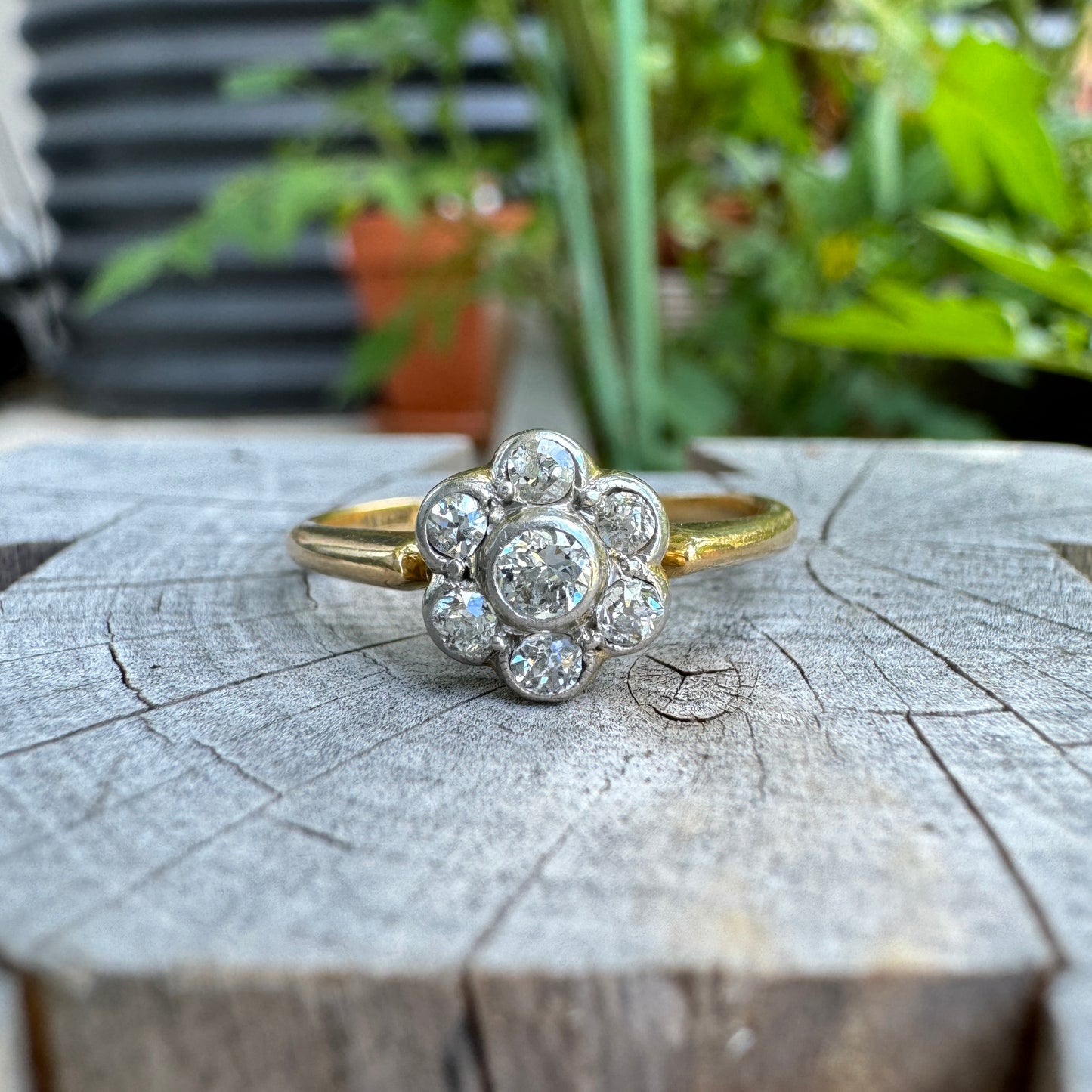 Vintage 18ct yellow gold 0.3ct TCW old cut diamond daisy ring