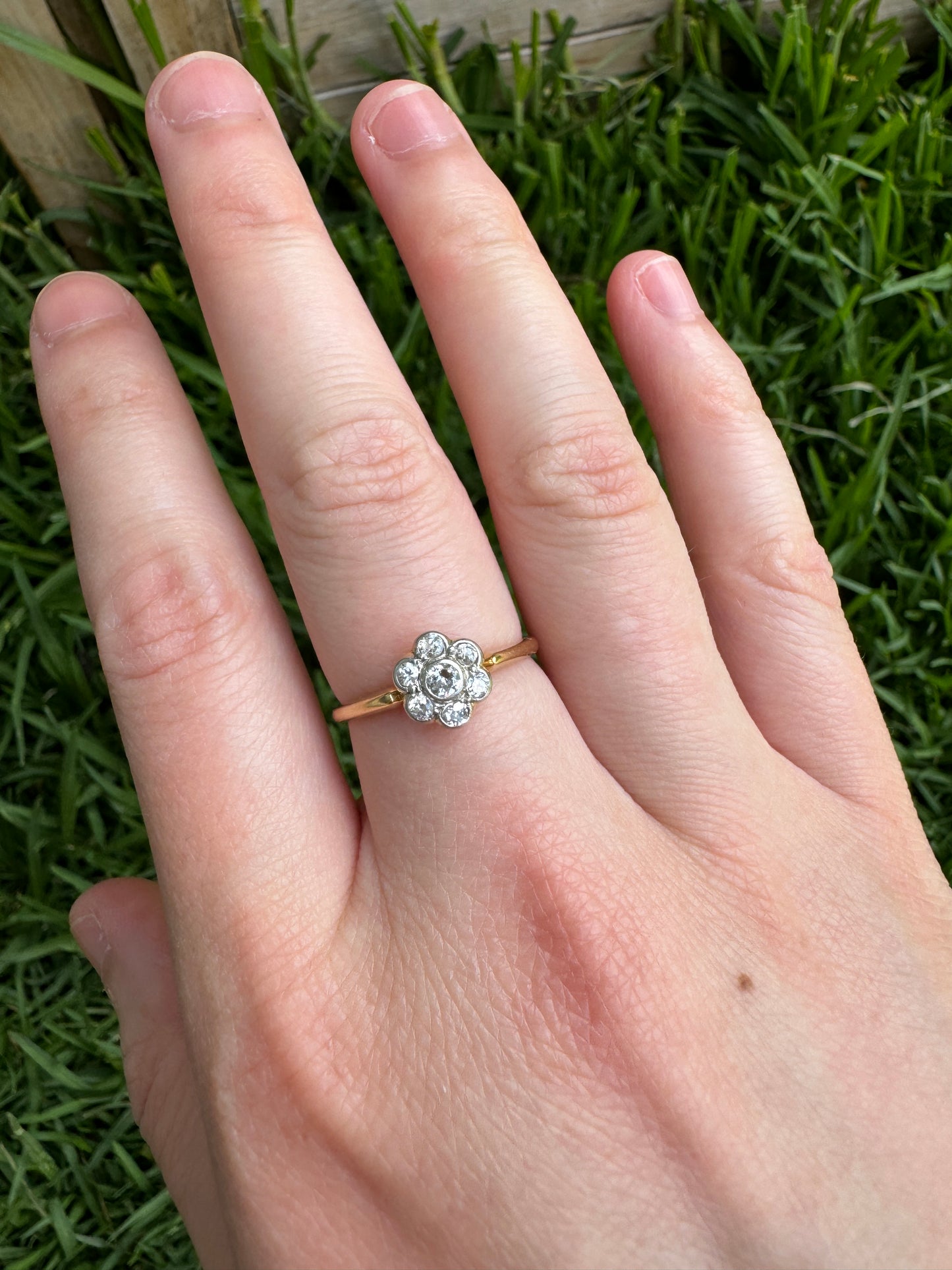 Vintage 18ct yellow gold 0.3ct TCW old cut diamond daisy ring
