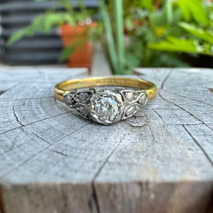 Vintage 18ct yellow gold and platinum 0.15ct old European cut diamond solitaire ring