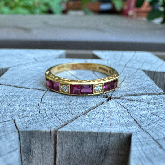 Vintage 18ct yellow gold ruby and diamond half eternity ring