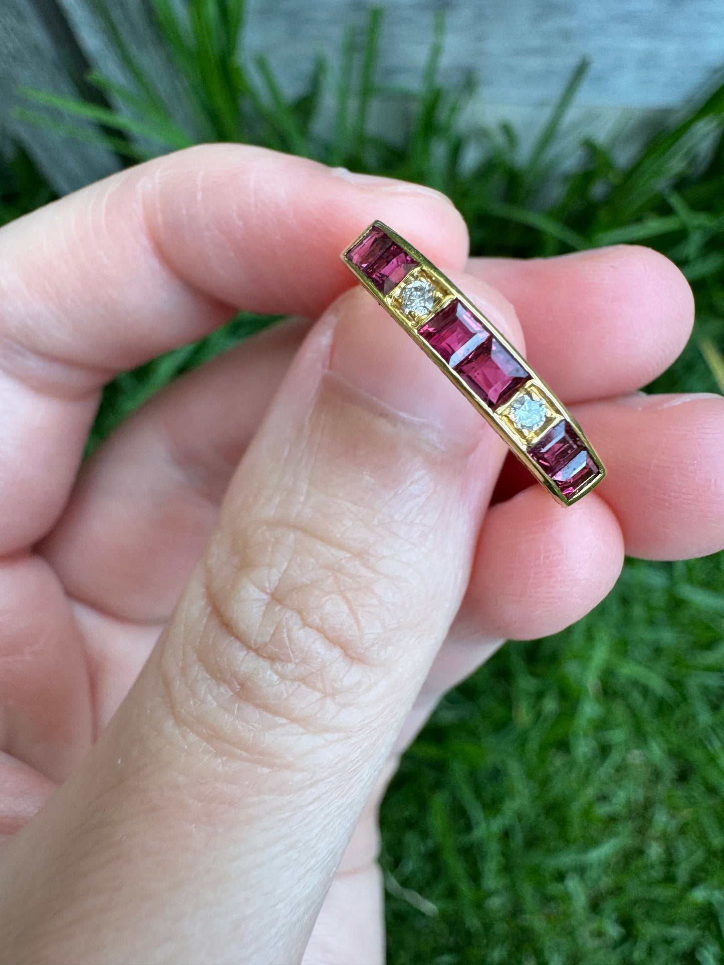 Vintage 18ct yellow gold ruby and diamond half eternity ring