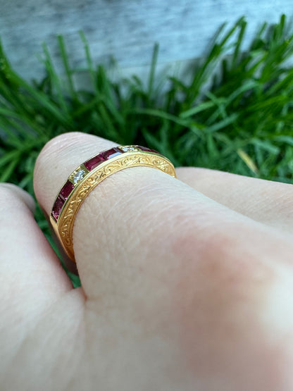 Vintage 18ct yellow gold ruby and diamond half eternity ring