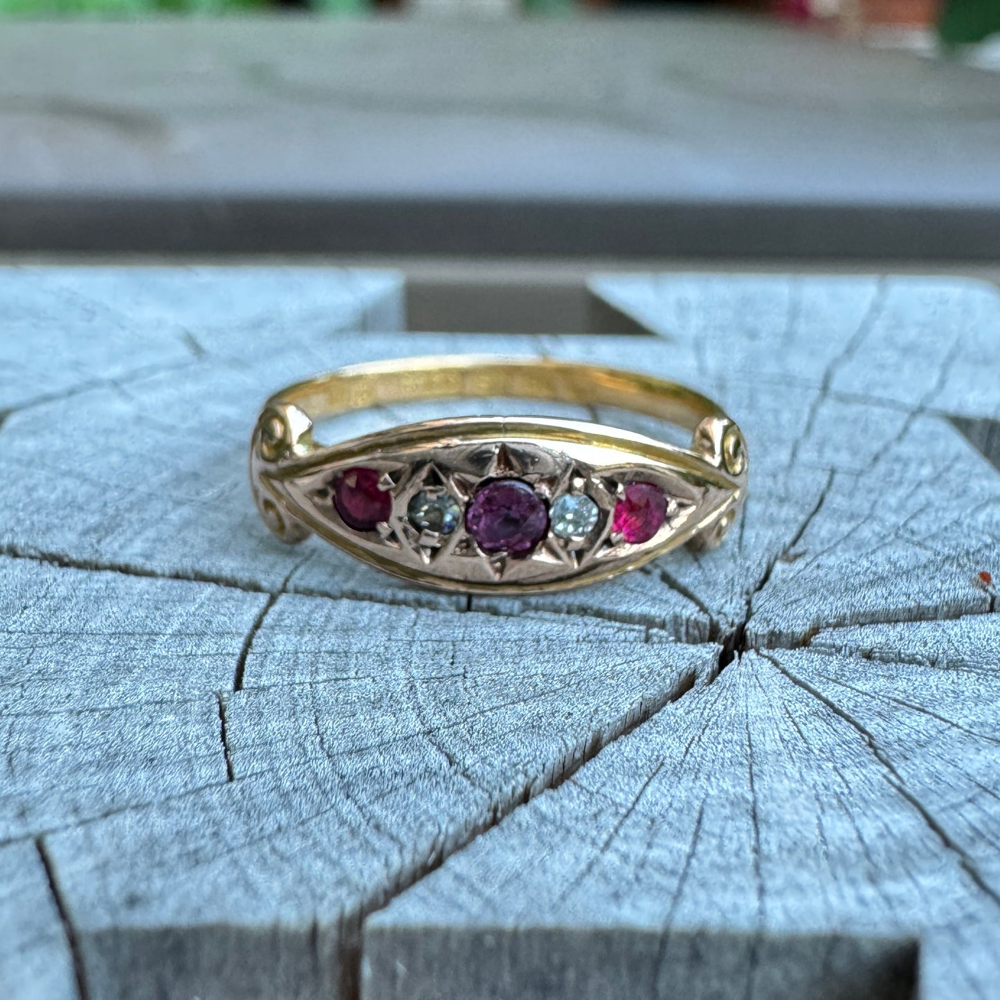 Antique 22ct and 9ct yellow gold red spinel, garnet and diamond boat ring