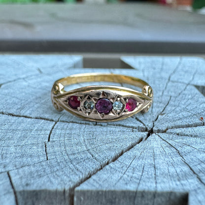 Antique 22ct and 9ct yellow gold red spinel, garnet and diamond boat ring