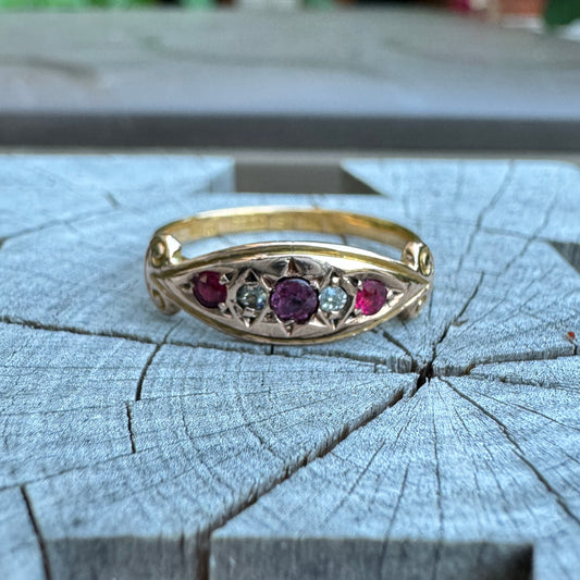 Antique 22ct and 9ct yellow gold red spinel, garnet and diamond boat ring