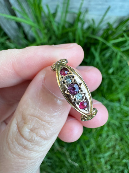 Antique 22ct and 9ct yellow gold red spinel, garnet and diamond boat ring