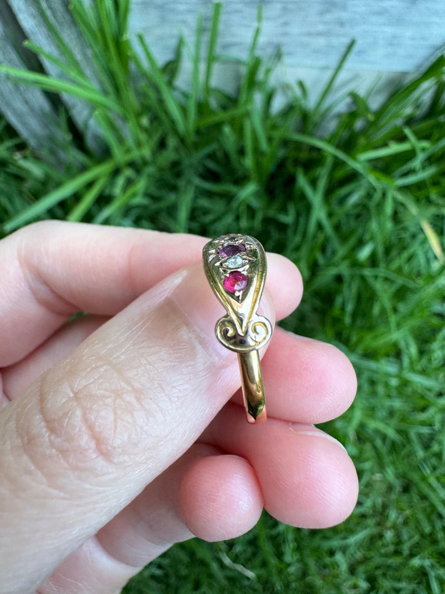 Antique 22ct and 9ct yellow gold red spinel, garnet and diamond boat ring