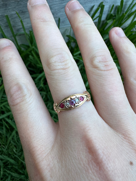 Antique 22ct and 9ct yellow gold red spinel, garnet and diamond boat ring