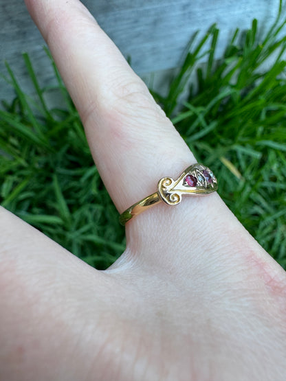 Antique 22ct and 9ct yellow gold red spinel, garnet and diamond boat ring