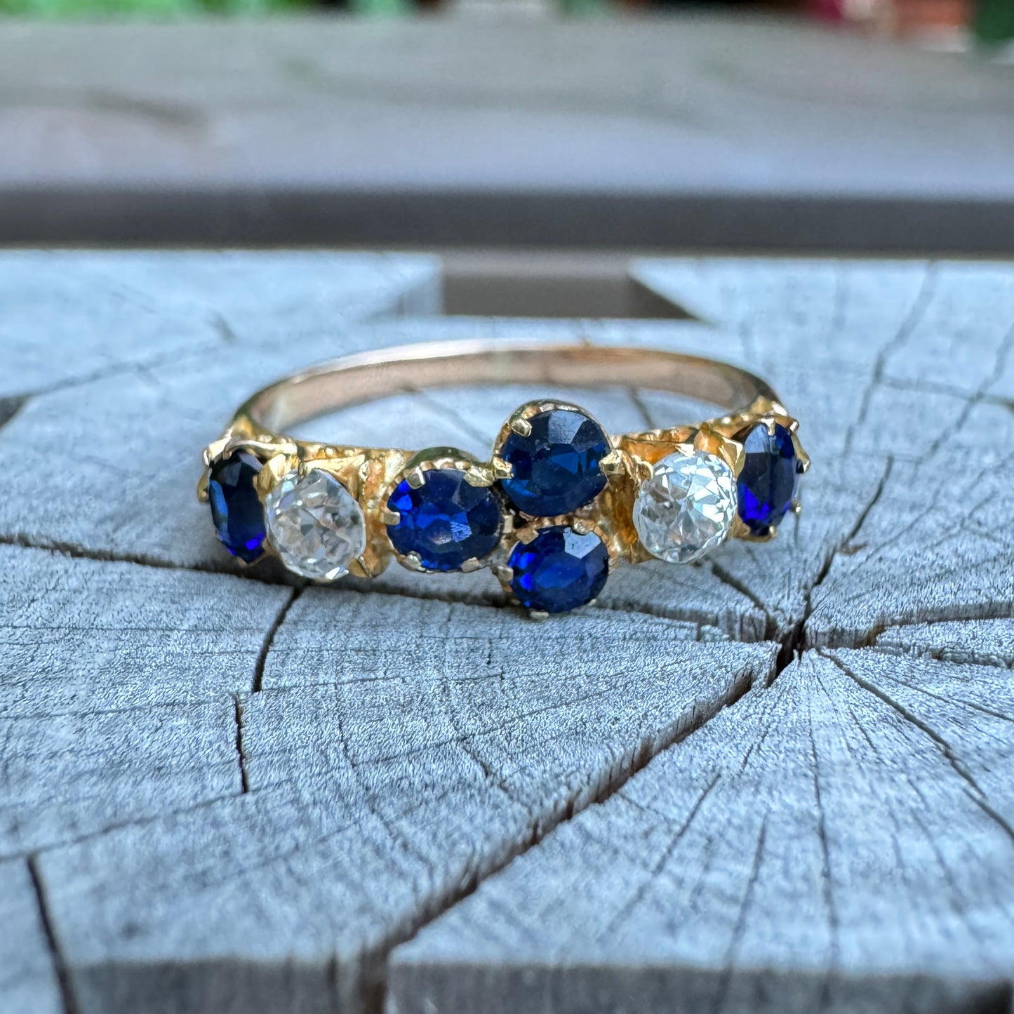 Vintage 22ct yellow gold mixed cut sapphire and old mine cut diamond half hoop ring