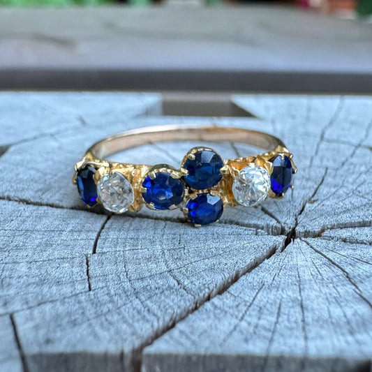 Vintage 22ct yellow gold mixed cut sapphire and old mine cut diamond half hoop ring