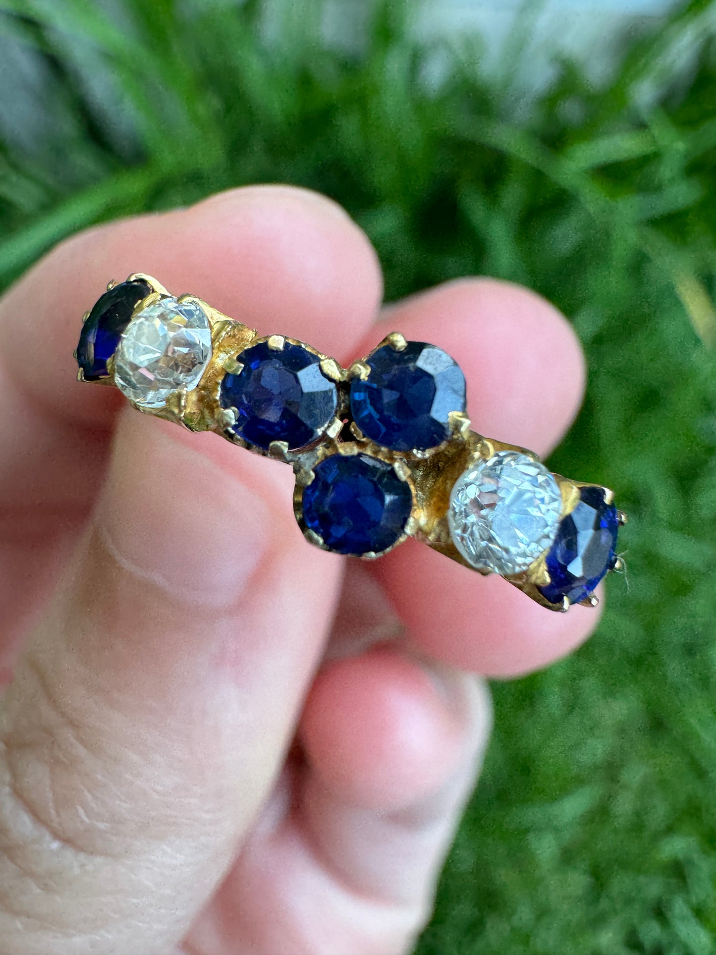 Vintage 22ct yellow gold mixed cut sapphire and old mine cut diamond half hoop ring