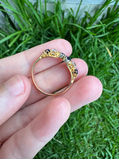 Vintage 22ct yellow gold mixed cut sapphire and old mine cut diamond half hoop ring