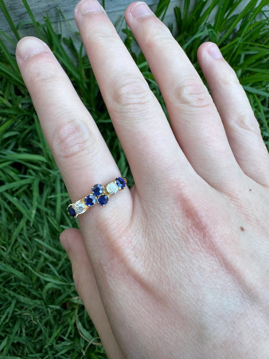 Vintage 22ct yellow gold mixed cut sapphire and old mine cut diamond half hoop ring