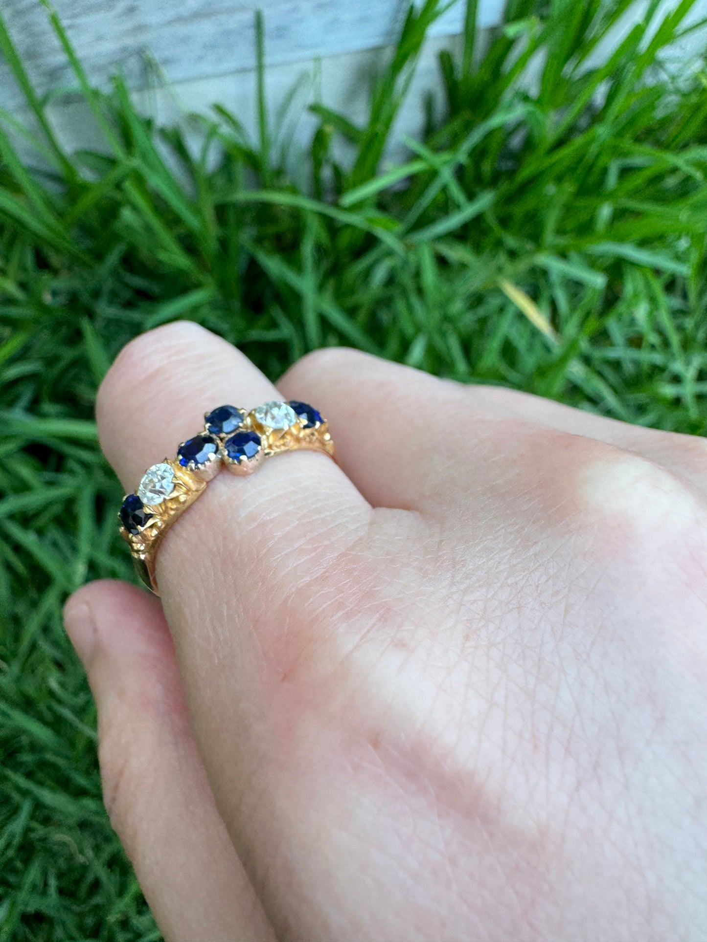 Vintage 22ct yellow gold mixed cut sapphire and old mine cut diamond half hoop ring