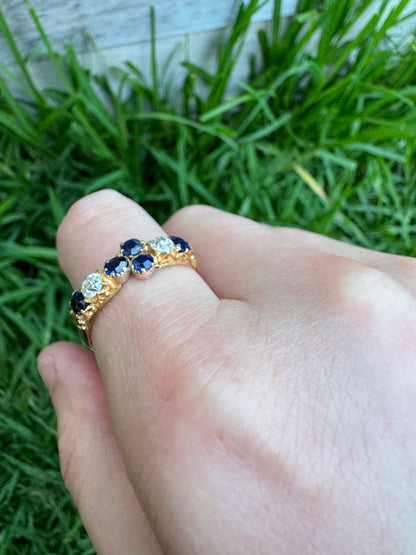 Vintage 22ct yellow gold mixed cut sapphire and old mine cut diamond half hoop ring