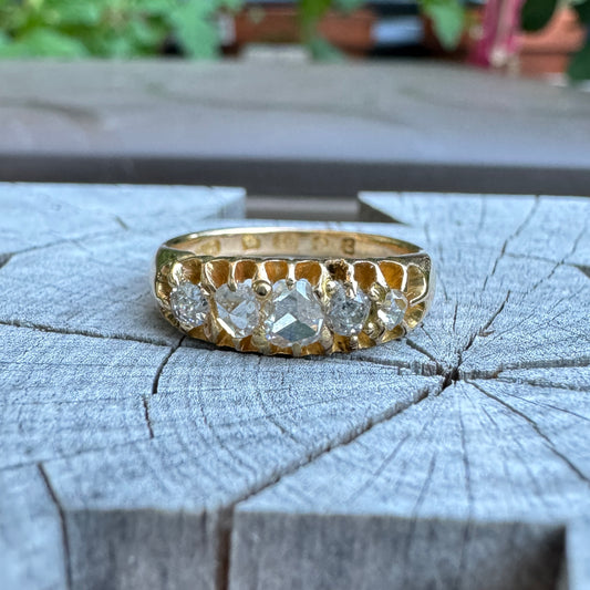 Antique Victorian 18ct yellow gold mixed old cut diamond five stone half hoop ring