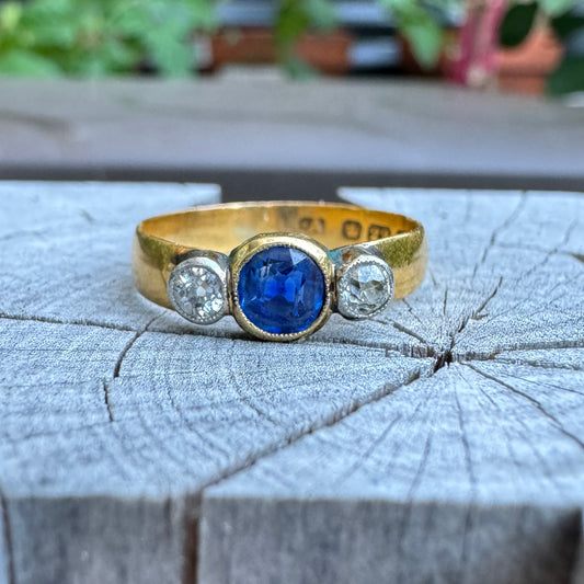 Antique Victorian 22ct yellow gold 0.4ct old cut sapphire and 0.16ct TCW old mine cut diamond ring