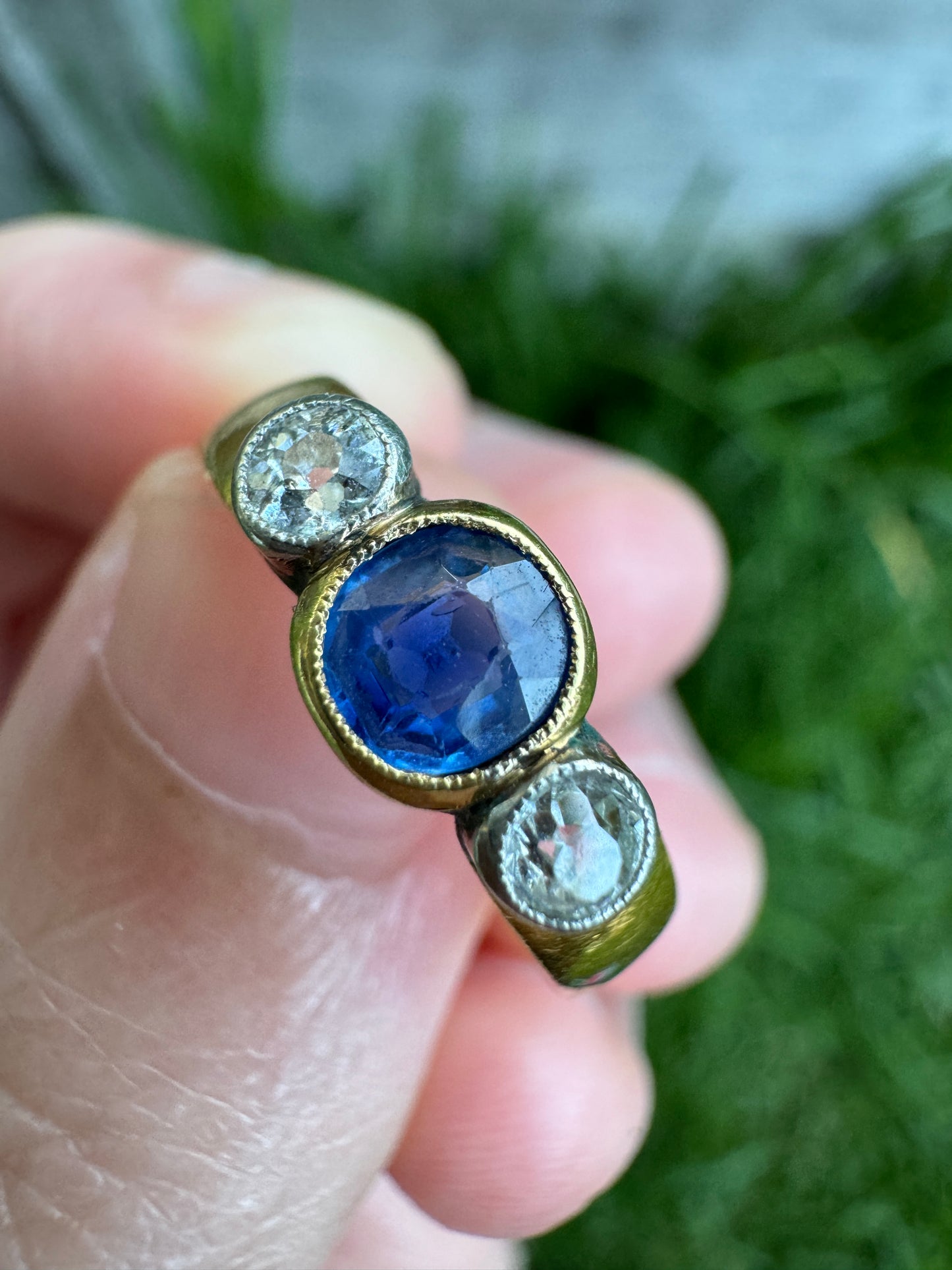 Antique Victorian 22ct yellow gold 0.4ct old cut sapphire and 0.16ct TCW old mine cut diamond ring