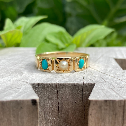 Vintage 18ct yellow gold turquoise and split pearl starburst ring