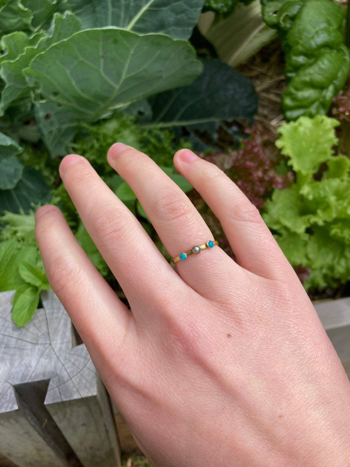 Antique Regency 18ct yellow gold over silver turquoise cabochon and pearl ring