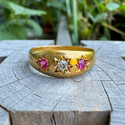 Antique Edwardian 18ct yellow gold starset 0.25ct TCW pink sapphire and 0.13ct old mine cut diamond gypsy ring