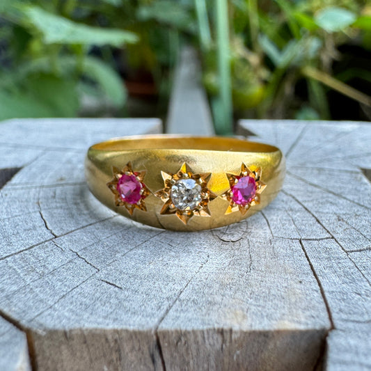 Antique Edwardian 18ct yellow gold starset 0.25ct TCW pink sapphire and 0.13ct old mine cut diamond gypsy ring