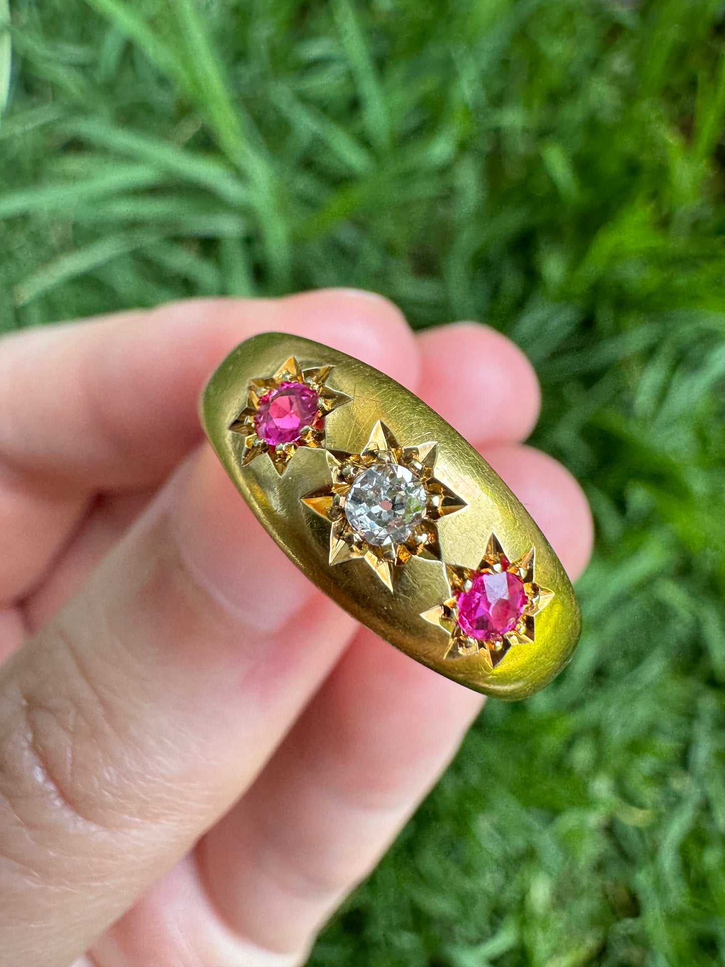 Antique Edwardian 18ct yellow gold starset 0.25ct TCW pink sapphire and 0.13ct old mine cut diamond gypsy ring