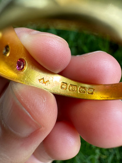 Antique Edwardian 18ct yellow gold starset 0.25ct TCW pink sapphire and 0.13ct old mine cut diamond gypsy ring